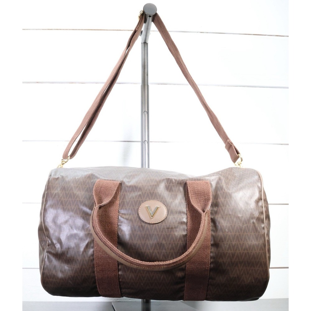 Mario Valentino Brown Monogram PVC Leather Trim Travel Duffel Bag Shoulder Strap